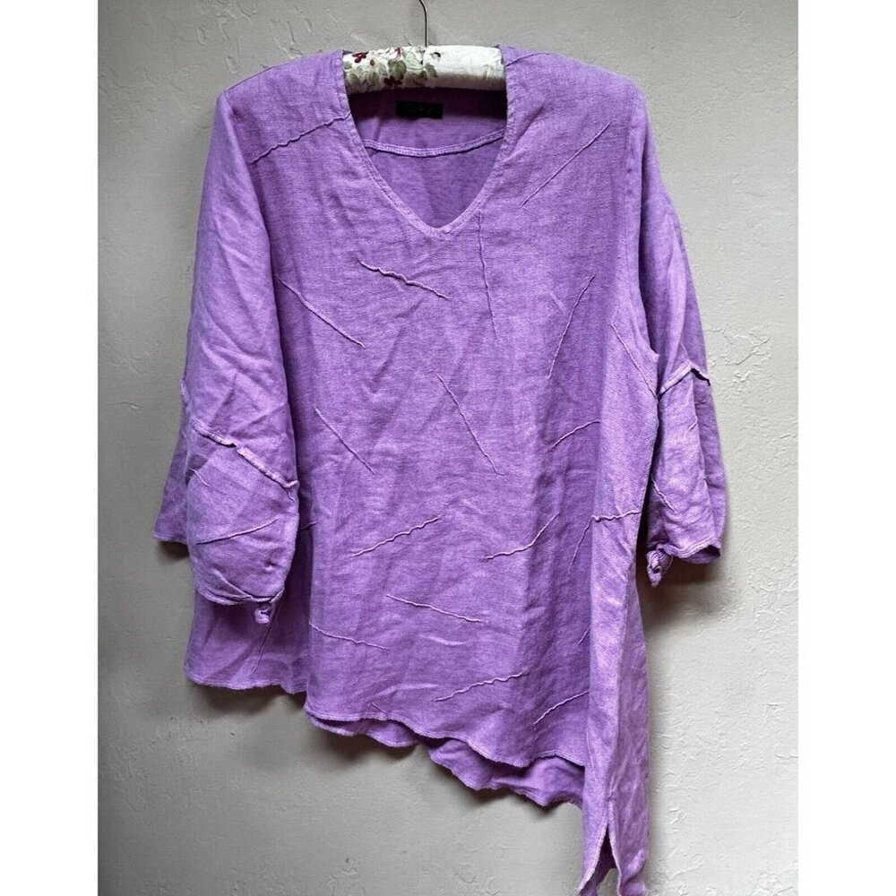 Jaskar Women V-Neck Textured Asymmetric Linen Tunic Top Blouse Purple 3/4 Sleeve